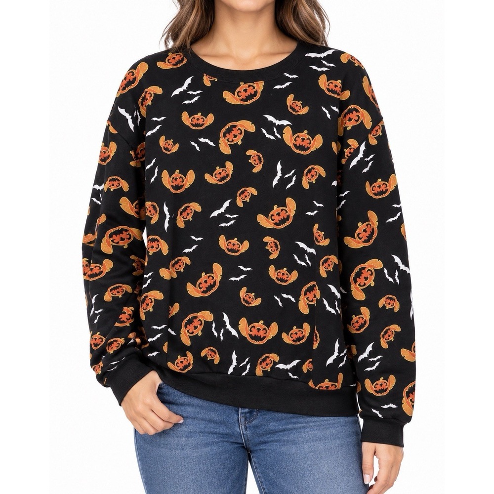 Disney Stitch 3XL 21 Juniors Halloween Pumpkin Bat Black Sweatshirt